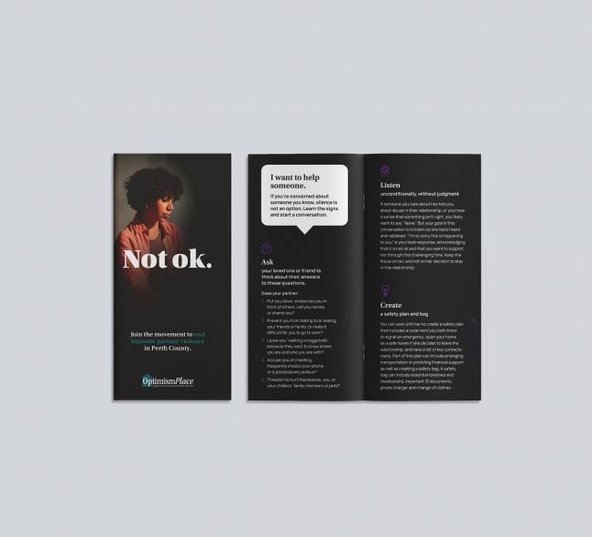 Brochure tip sheet layout — Not ok. campaign handout explaining safe ways to help someone.