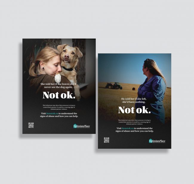 Stack of Not ok. posters — Not ok. campaign materials showing community awareness designs.
